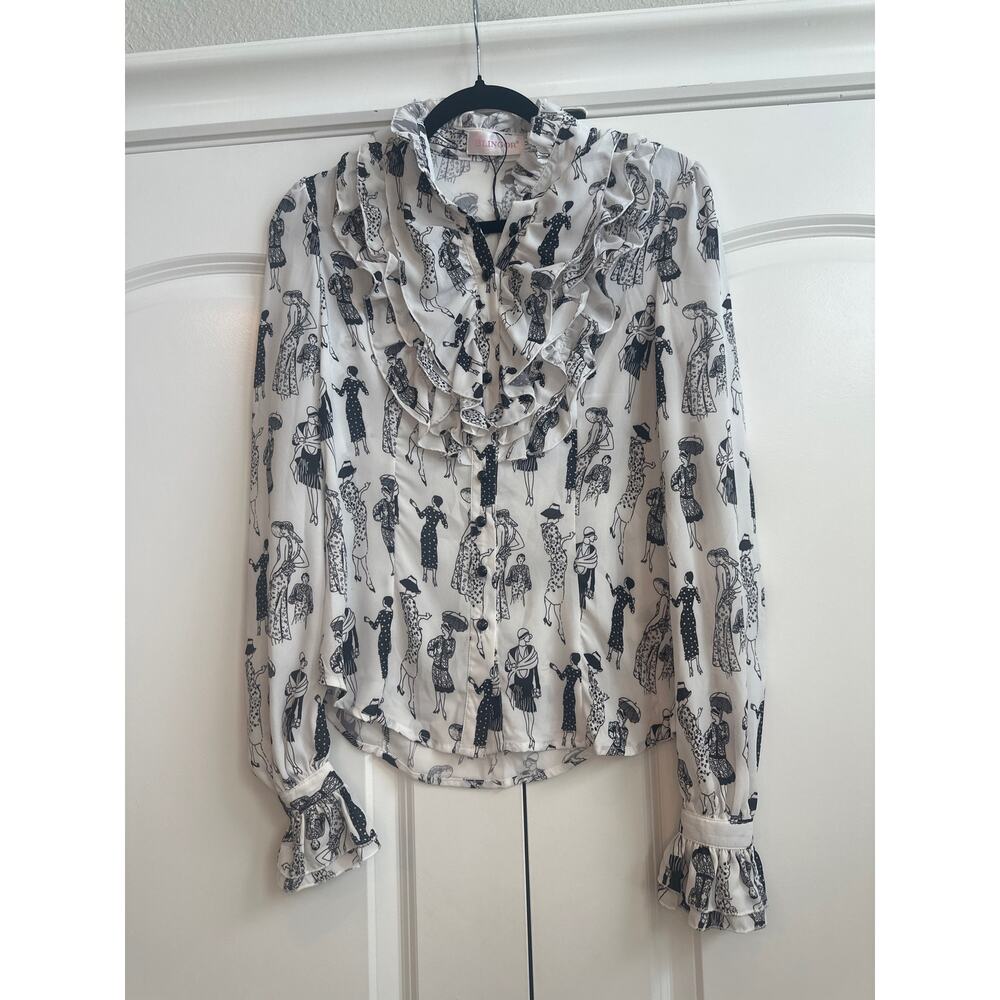 Blingdor White Chiffon Button up Ruffle Blouse with Outlined Women Novelty Print - Picture 2 of 10